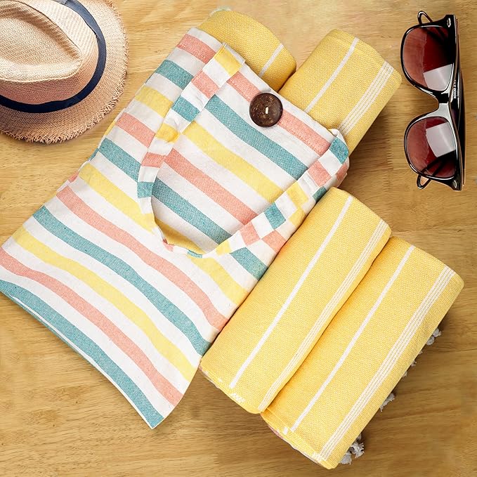 HILLFAIR Cotton Turkish Beach Towels, Quick Dry Lightweight Sand Free Peshtemal Towel for Bath Swim Yoga Spa Travel, Beach Accessories, Oversized Cotton Turkish Towels (39 x 72 inch- 4 Pack Yellow)