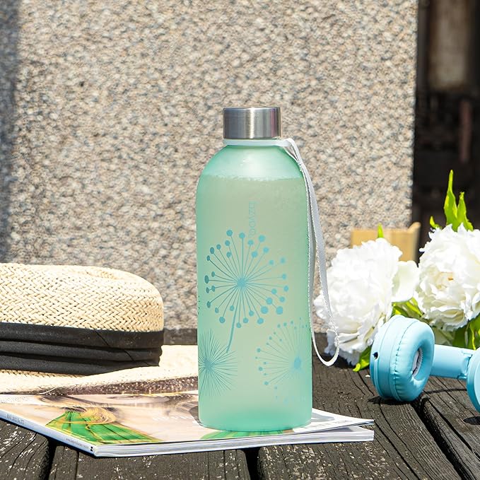 bzyoo 32oz 1 Liter Clear Water Bottle with Time Marker, Dandelion Design, Durable Plastic, BPA-Free, Reusable with Measurement Markings for Fitness and Outdoor Activities (Color: Green)