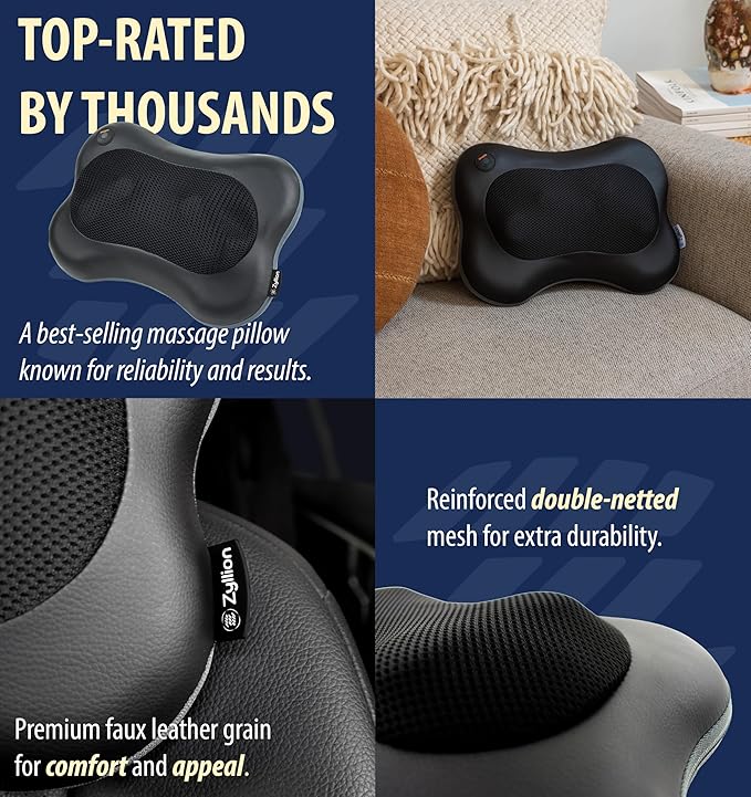 Zyllion Shiatsu Back and Neck Massager with Heat - Cordless Rechargeable 3D Electric Kneading Deep Tissue Massage Pillow for Muscle Pain Relief, Black, ZMA-13RB