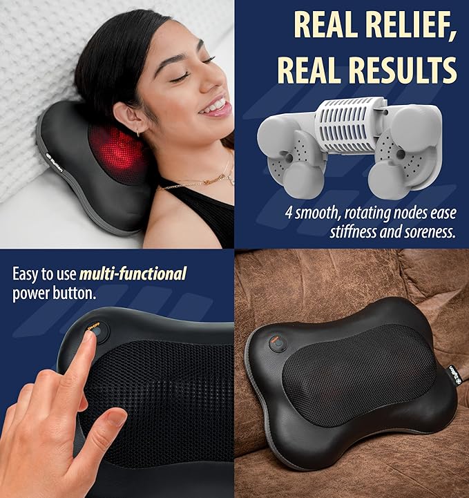 Zyllion Shiatsu Back and Neck Massager with Heat - Cordless Rechargeable 3D Electric Kneading Deep Tissue Massage Pillow for Muscle Pain Relief, Black, ZMA-13RB