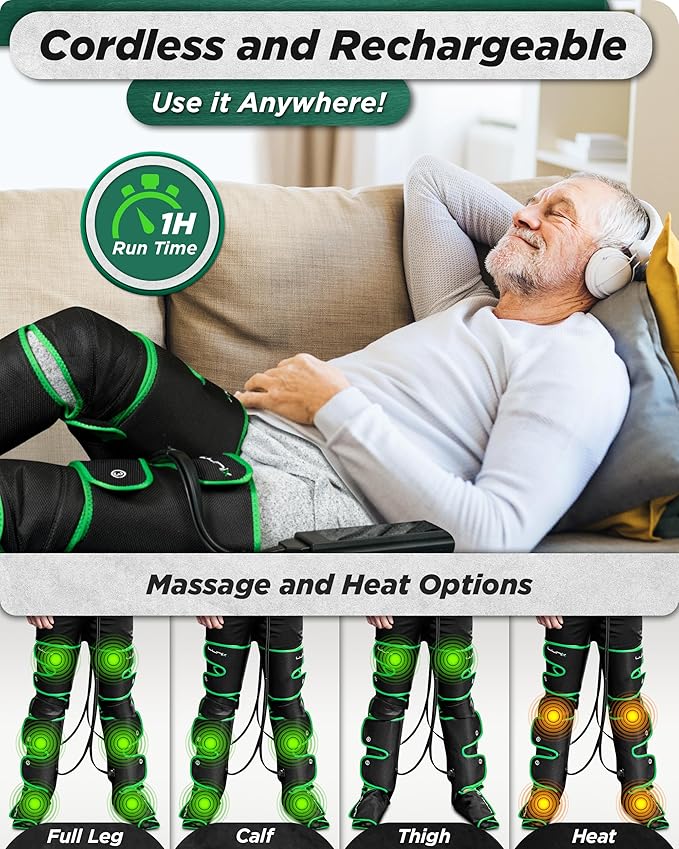 Lunix LX10 Full Leg Massager for Circulation, Compression Boots for Circulation, Leg Recovery Compression System, Pain Relief for Legs and Feet, Green