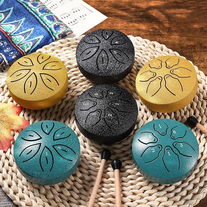 Facmogu 3 Inch 6 Notes Rain Drum for Outside Garden, Steel Tongue Drum Hand Drums with Bag Sticks Music Book, Mini Chakra Drum Musical Education Entertainment Gifts for Kids - Gold (Bowling Pattern)