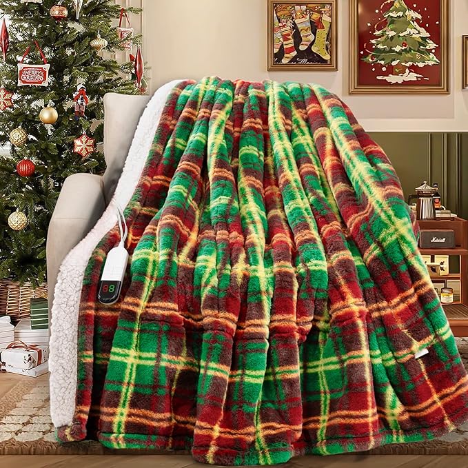 MAXEVE Faux Rabbit Fur Electric Heated Blanket King Size for Bed, Sherpa Buffalo Plaid Christmas Heating Blanket with 8 Heating Levels & 8 Hours Auto Off, Over-Heat Protection,ETL Certified,Red