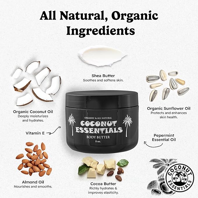 Coconut Essentials - Moisturizing Body Butter, Gluten and Paraben Free, with Coconut Oil, Peppermint, Vitamin E, Shea Butter, Almond, and Sunflower Oil, Body Lotion for Beautiful & Glowing Skin, 8 oz