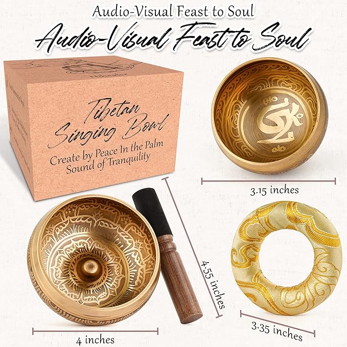 2-Pack Tibetan Singing Bowls Set - 100% Handmade in Nepal, Sound Bowl Meditation Set for Yoga, Chakra Healing, Meditation Gifts, Unique Gifts for Women (Yellow, 3.15 + 4 inch)