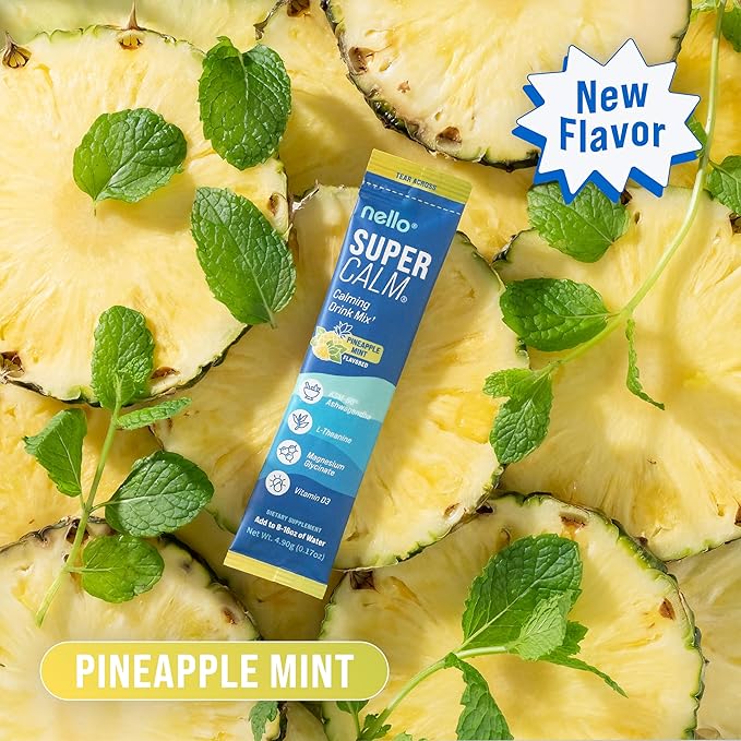 Nello Supercalm Drink Mix – Ashwagandha KSM-66, Magnesium Glycinate, L-Theanine, Vitamin D3 – Pineapple Mint Flavor (20 Travel Packets)