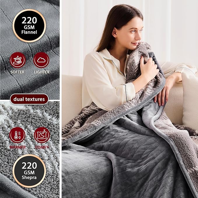 Heated Electric Blanket Full Size - 72"x84" Flannel Heating Blanket with 10 Heating Levels & 5 Time Settings Over-Heat Protection, Winter Warmer for Adults with ETL Certification(Grey)
