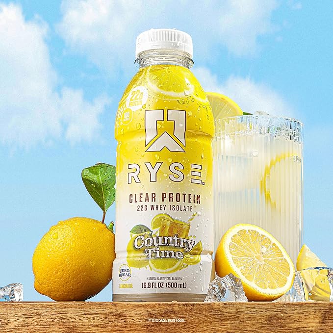 RYSE Clear Protein Shake - Country Time Lemonade - 100 Calories, 22g Whey Isolate Protein, Sugar-Free, 0g Fat & Lactose-Free - Refreshing Ready-to-Drink Beverage - 16.9 fl oz Bottles (12-Pack)
