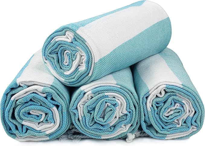 HILLFAIR Cotton Turkish Beach Towels, Quick Dry Lightweight Sand Free Peshtemal Towel for Bath Swim Yoga Spa Travel, Beach Accessories, Oversized Cotton Turkish Towels (39 x 72 inch- 4 Pack Sea)
