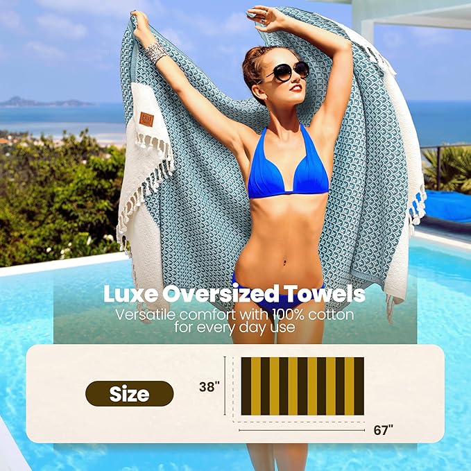 Gold CASE Turkish Beach Towel Set of 4 – 100% Cotton Large Turkish Bath Towels 67 x 38'' – Zeus Extra Large, Quick Dry & Sand Free Towels – Peshtemal for Pool – Aqua