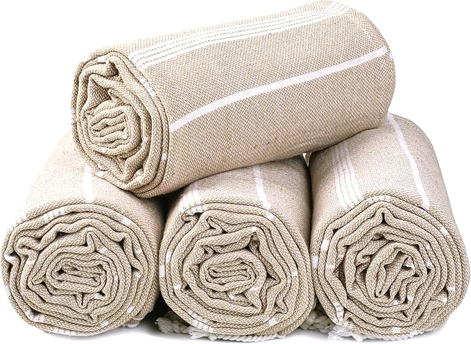 HILLFAIR Cotton Turkish Beach Towels, Quick Dry Lightweight Sand Free Peshtemal Towel for Bath Swim Yoga Spa Travel, Beach Accessories, Oversized Cotton Turkish Towels (39 x 72 inch- 4 Pack Beige)