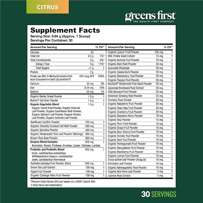 Greens First Original Greens Powder - 49 Superfoods - Organic Fruits & Veggies - Prebiotics, Probiotics & Digestive Enzymes - Antioxidant Smoothie - Dairy Free/Vegan/Non-GMO (Citrus, 30 Servings)