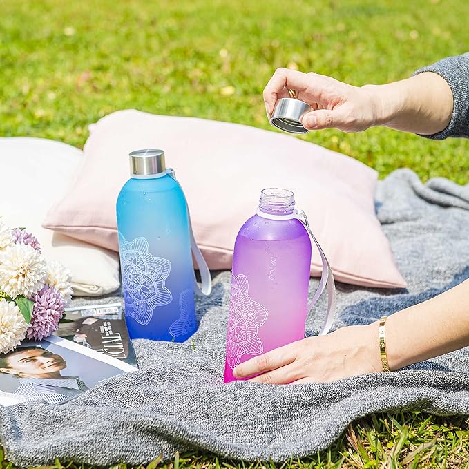 bzyoo 32 OZ 1 Liter Time Marker Water Bottle BPA Free Frosted Durable Plastic With Strap - Reusable Water Bottle With Times To Drink For Fitness Gym Gifts For Him & Her (Color: Ombre Pink)