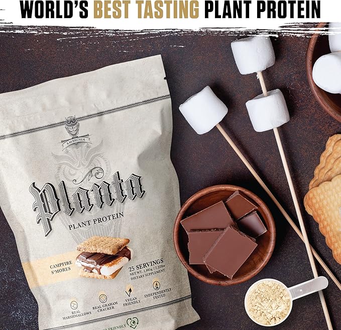 Ambrosia Planta - Premium Plant-Based Protein | Vegan & Keto Friendly | Gourmet Flavors with No Bloating or Stomach Upset | Gluten & Soy Free | No Added Sugar | 25 Servings | Campfire Smores