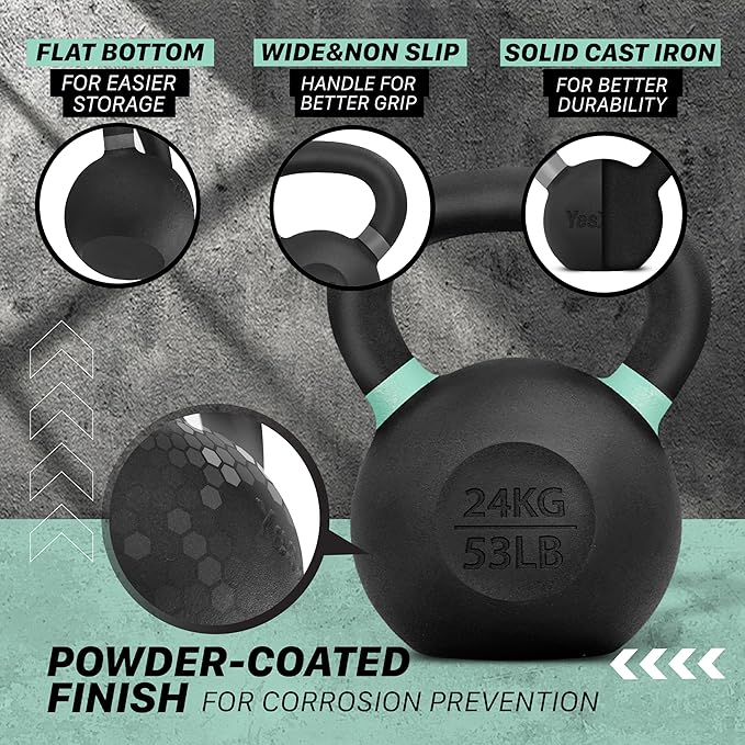 Yes4All Powder Coated Kettlebell, Cast Iron Core Kettlebells with Non-Slip Handle & Flat Bottom for Conditioning, Heavy Duty for Strength Training, 9lb to 71lb - Single & Pair