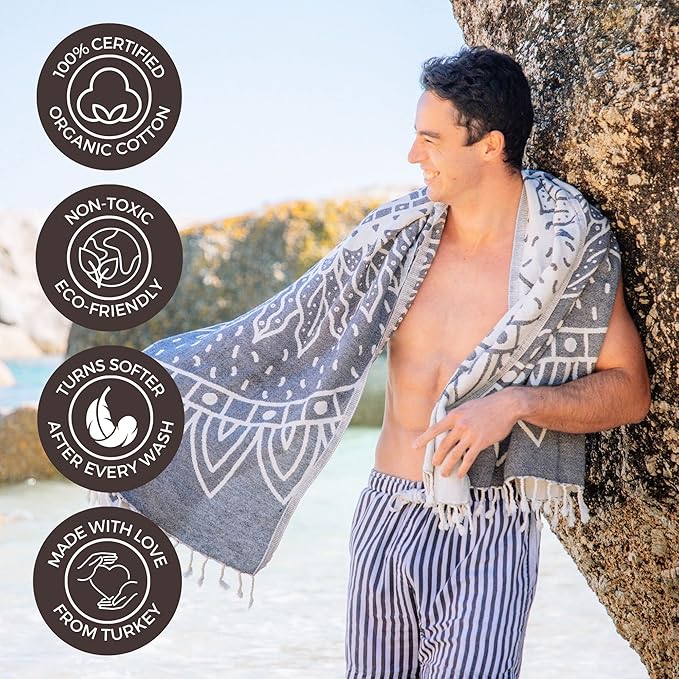 FESHKA Sand Proof Turkish Beach Towel – Oversized, Quick Dry & Lightweight Travel Towel - 100% Organic Cotton Beach Blanket - Perfect for Bath, Pool & Picnic | Sunflower (Navy)