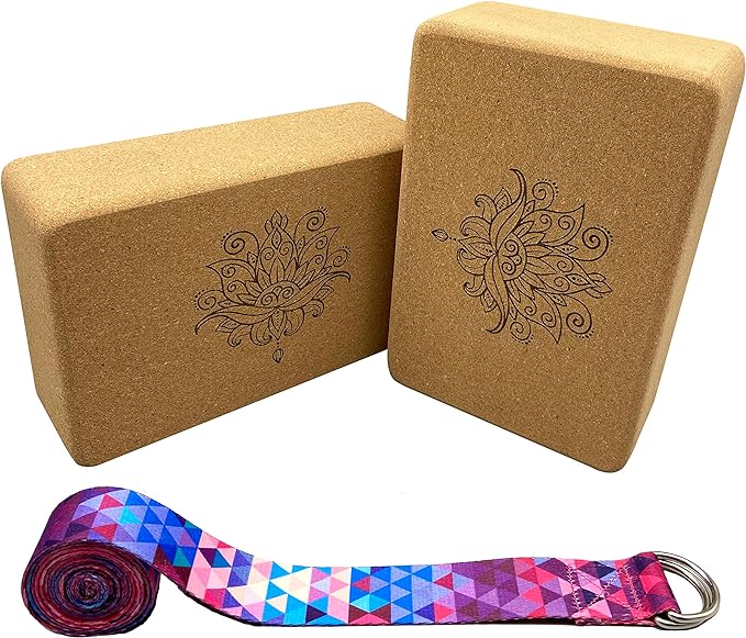 Aozora Cork Yoga Block Sustainable & Eco Friendly 2 Pack and Yoga Strap Set Made of The Finest Natural Cork for Better Support, Balance & Comfort