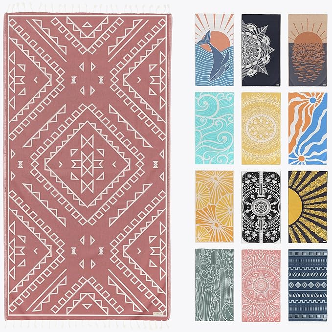 FESHKA Sand Proof Turkish Beach Towel – Oversized, Quick Dry & Lightweight Travel Towel - 100% Organic Cotton Beach Blanket - Perfect for Bath, Pool & Picnic | Bohemian (Maroon)