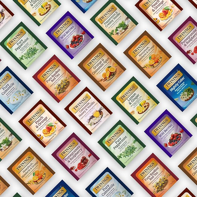 Twinings 48 Tea Bags Herbal Variety Pack, Bundle with 20 Flavored Honey Sticks – 12 Flavors Caffeine-Free Individually Wrapped Teas for Gift Basket, Office, Lobby Refreshments