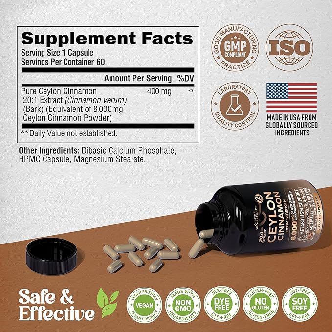 Ceylon Cinnamon Capsules - Extra Strength - Energy Heart & Metabolism Support for Men & Women - Pure Natural Cinnamon 20:1 Extract Supplement - GMO & Gluten Free - Made in USA - 60 Capsules 2 Month