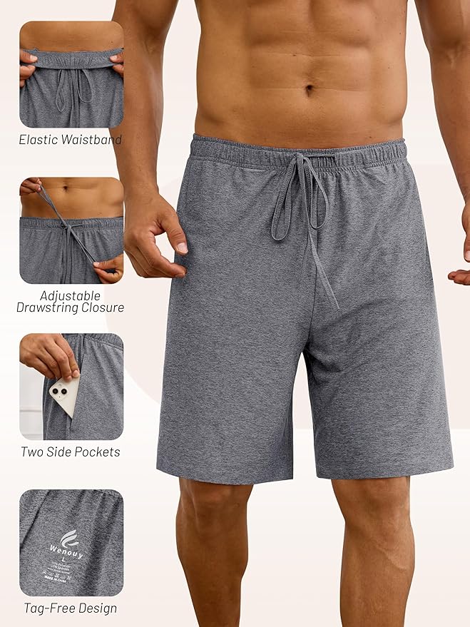 3 Pack Mens Pajama Shorts, Soft Sleep Shorts with Pockets Elastic Waist Drawstring Lounge Dry Fit Sleepwear Bottoms