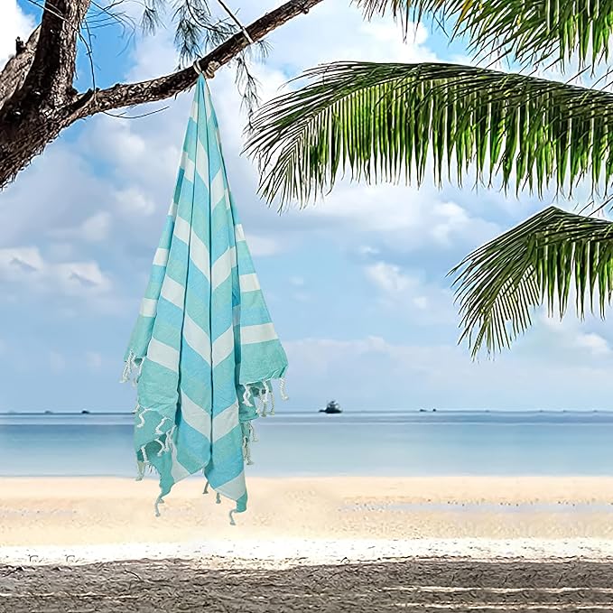 HILLFAIR Cotton Turkish Beach Towels, Quick Dry Lightweight Sand Free Peshtemal Towel for Bath Swim Yoga Spa Travel, Beach Accessories, Oversized Cotton Turkish Towels (39 x 72 inch- 4 Pack Sea)