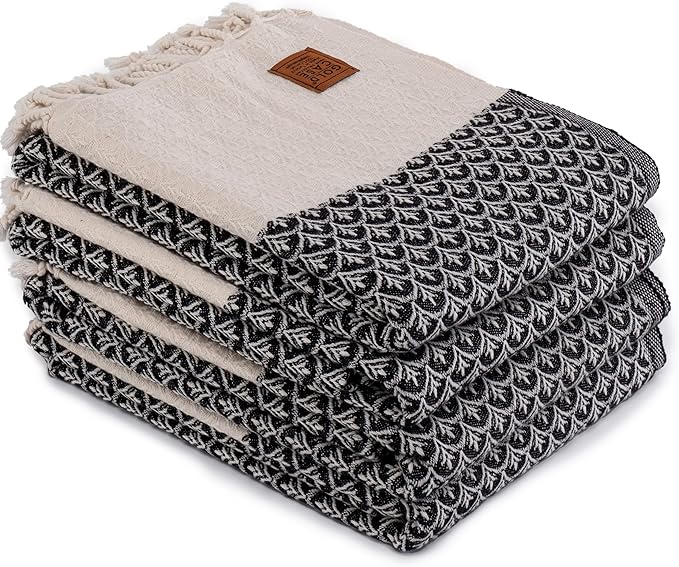 Gold CASE Turkish Beach Towel Set of 4 – 100% Cotton Large Turkish Bath Towels 67 x 38'' – Helen Extra Large, Quick Dry & Sand Free Towels – Peshtemal for Pool – Black