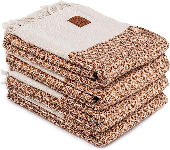 Gold CASE Turkish Beach Towel Set of 4 – 100% Cotton Large Turkish Bath Towels 67 x 38'' – Helen Extra Large, Quick Dry & Sand Free Towels – Peshtemal for Pool – Orange