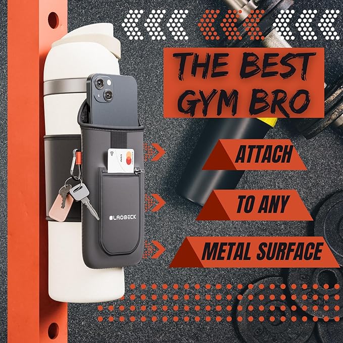 Magnetic Water Bottle Sleeve Bag and Large Pocket Phone Holder for Gym - Black Pouch with 4 Magnets - Attach it to Any Gym Equipment & Golf Carts - Magnetic Bag Mount for Phones - Gym Essentials
