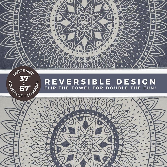 FESHKA Sand Proof Turkish Beach Towel – Oversized, Quick Dry & Lightweight Travel Towel - 100% Organic Cotton Beach Blanket - Perfect for Bath, Pool & Picnic | Sunflower (Navy)