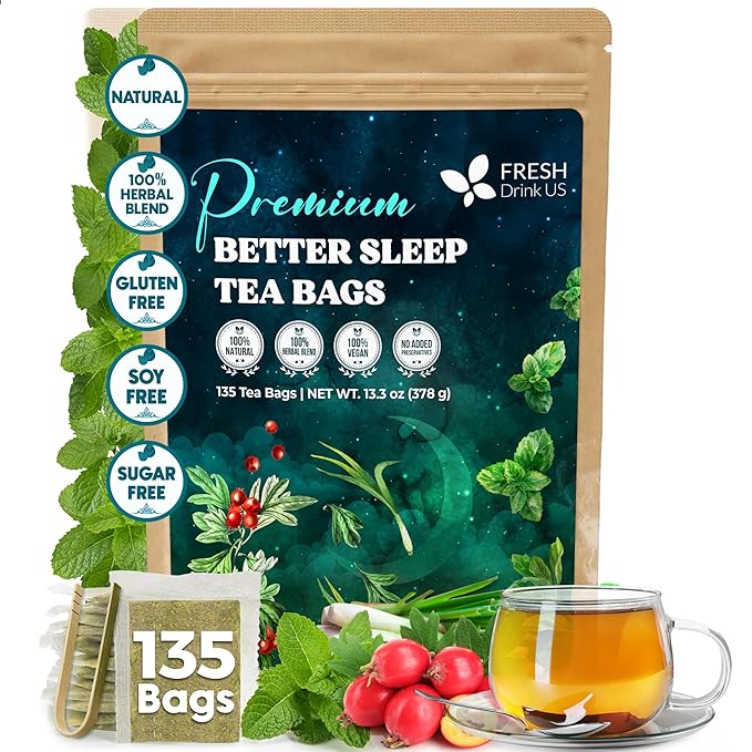 FreshDrinkUS, Premium 135 Tea Bags Better Sleep Herbal Tea | Caffeine-Free Loose Leaf Blend with Spearmint Leaves, Lemongrass Leaves, and Hawthorn Berry โ Naturally Refreshing and Aromatic.