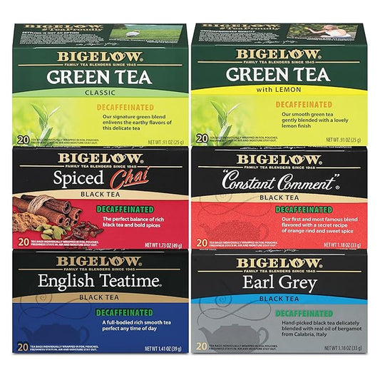 Bigelow Tea Decaffeinated Tea 6 Flavor Variety Pack, Decaf Tea with Green Tea, Spiced Chai, Constant Comment, English Teatime and Earl Grey Tea, 20 Count Box (Pack of 6), 120 Total Tea Bags