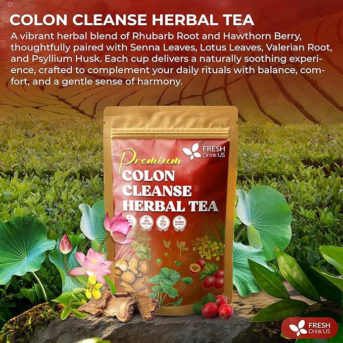 FreshDrinkUS, Premium Colon Cleanse Tea β 60 Tea Bags β Rhubarb Root & Hawthorn Berry with Senna, Lotus Leaf, Valerian Root & Psyllium Husk β Herbal Blend, Caffeine-Free. Vegan