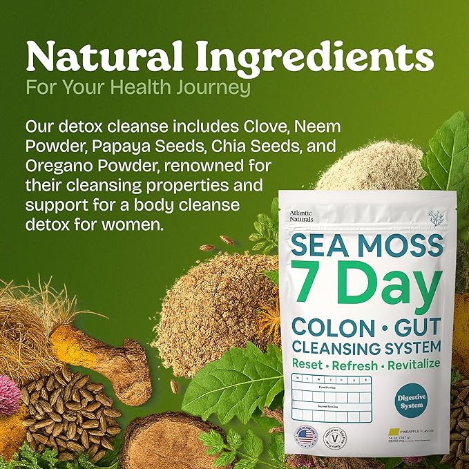 Atlantic Naturals Sea Moss 7-Day Colon & Gut Purification - Golden Flax Seeds, Psyllium Husk, Senna Powder, for Women & Men - Pineapple Flavor Drink Mix (14 oz)
