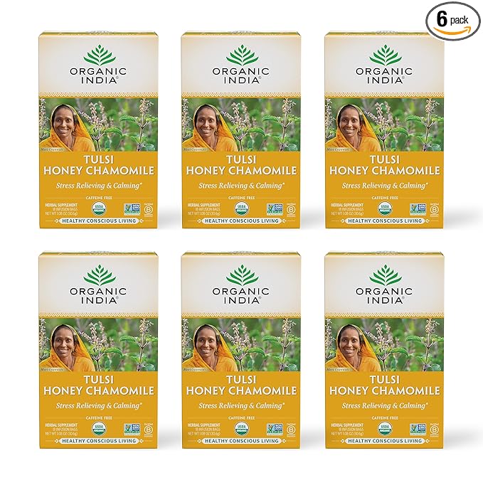 Organic India Tulsi Honey Chamomile Tea Bags - Herbal Tea for Stress Relieving & Calming, Immune Support, Adaptogen, Gluten-Free, USDA Certified Organic, Caffeine-Free - 18 Infusion Bags, 6 Pack