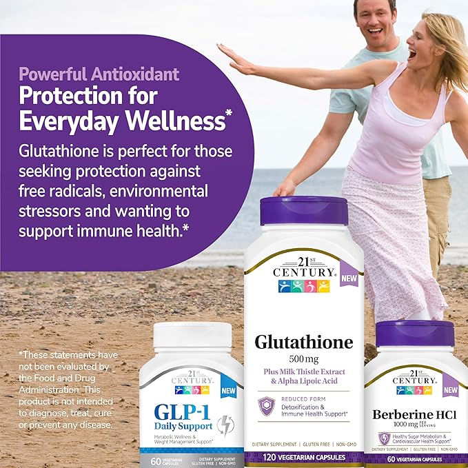 21st Century Glutathione 500 mg Plus Milk Thistle Extract & Alpha Lipoic Acid Capsules (120 Count), Reduced Form, Combats Harmful Radicals, Supports Cellular & Immune Health, Non-GMO, Gluten-Free