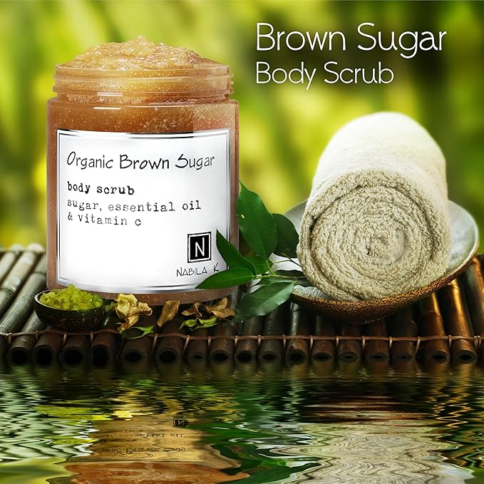 Organic Brown Sugar Body Scrub Made in USA with Essential Oil and Vitamin C by Nabila K - Exfoliate and Moisturize for Smooth Skin - Luxury for Women & Men, 3 oz