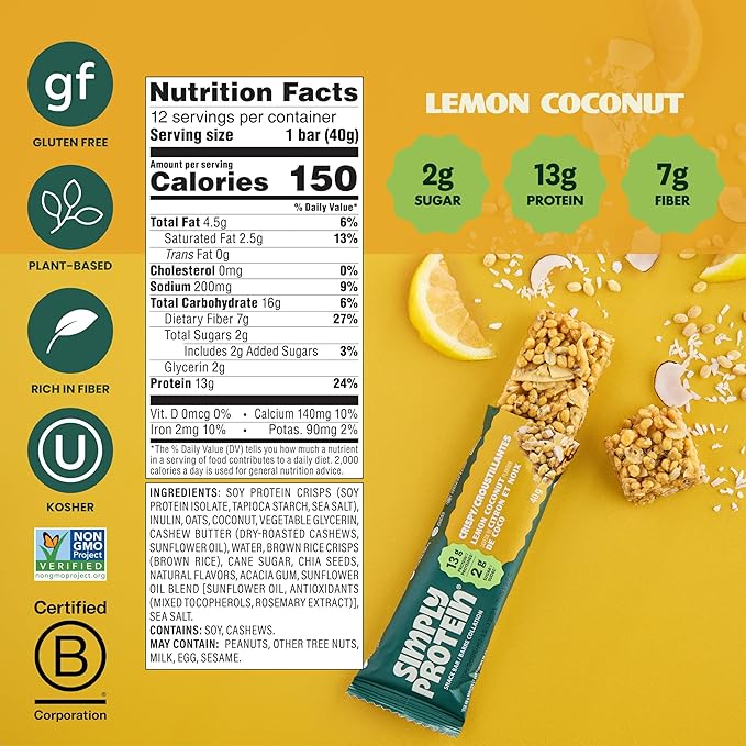 Simply Protein - Lemon Coconut Crispy Bars - Plant Based Protein Bars - Low Carb, Low Sugar, High Fiber - 13g Protein, 2g Sugar, 7g Fiber - Vegan, Gluten Free, Non GMO, Kosher - 32 Bars