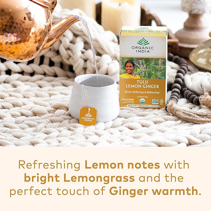 Organic India Tulsi Lemon Ginger Tea Bags - Herbal Tea, Stress Relieving & Reviving, Immune Support, Aids Digestion, Vegan, USDA Certified Organic, Non-GMO, Caffeine-Free - 18 Infusion Bags, 6 Pack