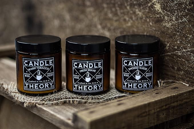 Candle Theory Man Cave Stuff Men 4oz Candles Set of 3, Crackling Woodwick Masculine Scent, Warm Tobacco Cigar, Smoked Suede, Fresh Shave