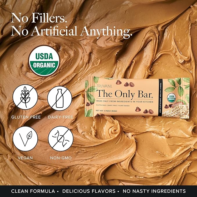 Truvani Plant Based Snack Bars | Peanut Butter Chocolate Chip 12 Pack | 8g Protein | USDA Organic and Vegan | The Only Bar | Dairy, Soy, and Gluten Free | Individually Wrapped