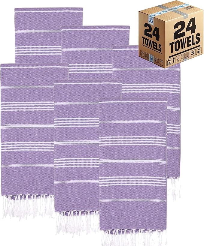 Turkish Beach Towels, Bulk Case of 24 | Oversized, Quick Dry, Sand Free | 100% Cotton, Large 38x71 Towels for Beach, Pool, Travel | Ultra-Soft, Compact, Absorbent | Purple
