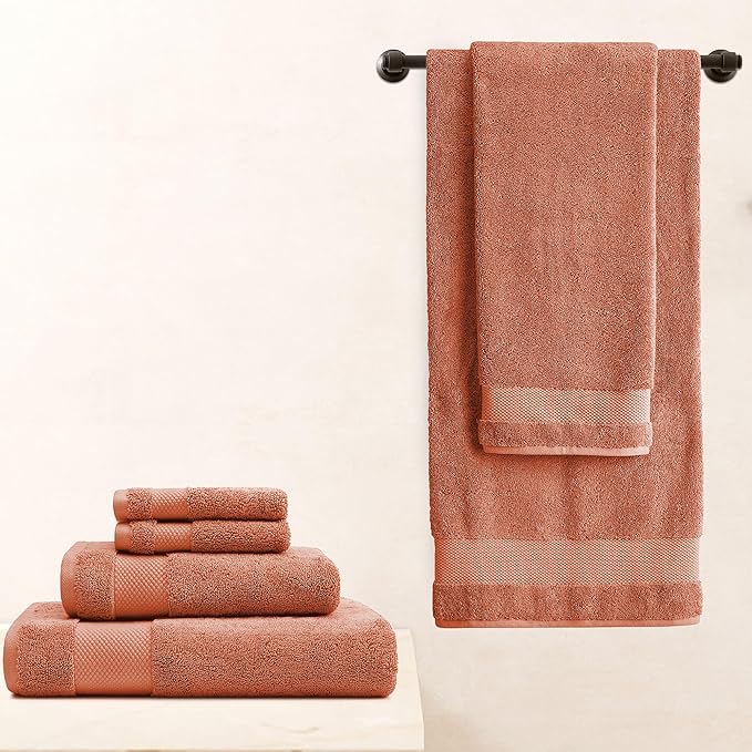 BIOWEAVES 100% Organic Cotton 700 GSM Plush 6-Piece Premium Towel Set GOTS Certified, 2 Bath Towels, 2 Hand Towels & 2 Washcloths - Burnt Orange