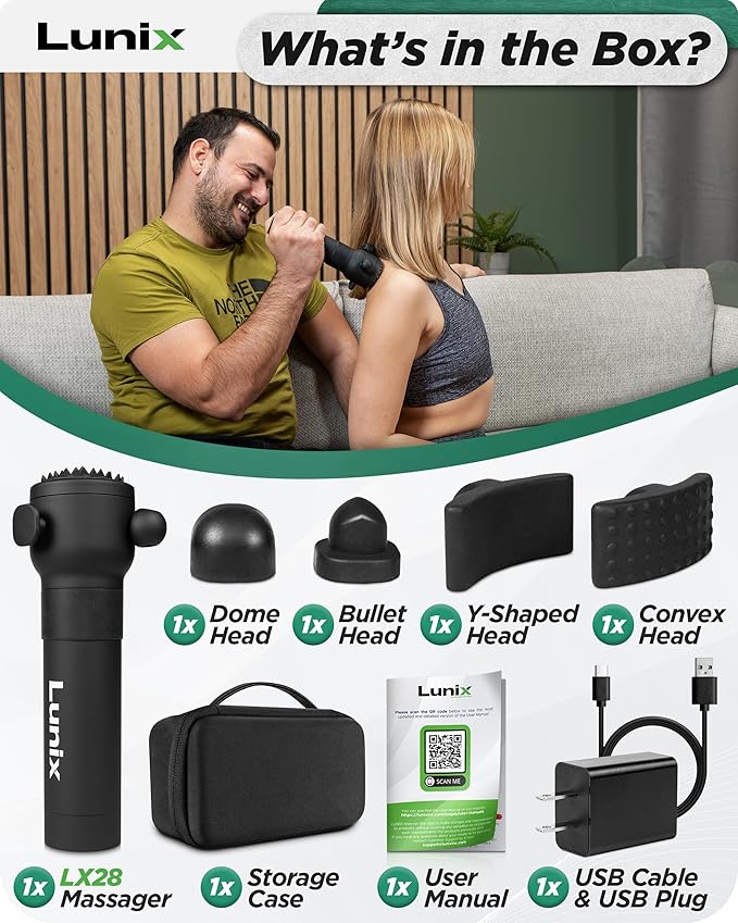 LX28 Deep Tissue Massage Gun, Portable Handheld Vibration Massager for Neck, Back & Legs, 7 Heads & 4 Speeds, Rechargeable, Lightweight Full Body Muscle Therapy