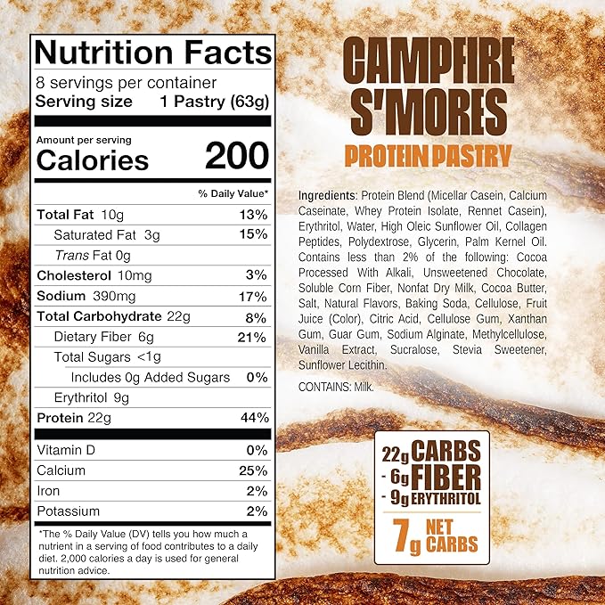 Legendary Foods 22g Protein Pastry+ S'mores Low Carb Meal Replacement Bar - Low Glycemic, Gluten Free Protien Snacks - Healthy Keto Snack Box, 8x Zero Sugar Energy Bars - Bariatric Diabetic Friendly