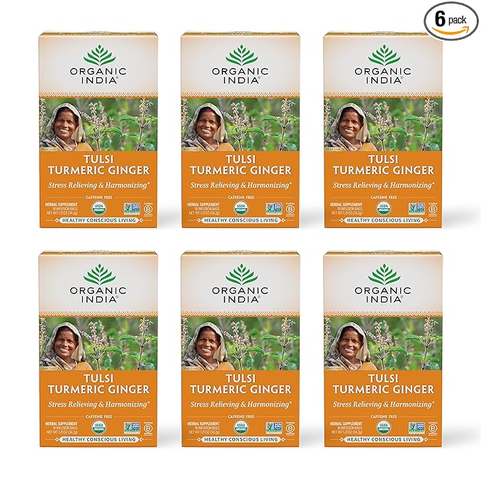ORGANIC INDIA Tulsi Turmeric Ginger Herbal Tea - Stress Relieving & Harmonizing, Immune Support, Aids Digestion, Vegan, Caffeine-Free - 18 Infusion Bags, 6 Pack