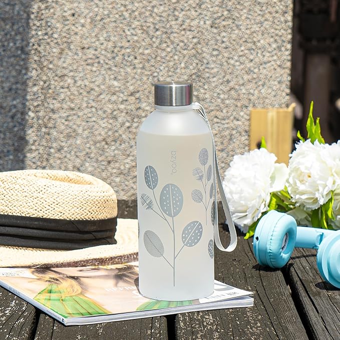 bzyoo 32oz 1 Liter Clear Water Bottle with Time Marker, Leaf Design, Durable Plastic, BPA-Free, Reusable with Measurement Markings for Fitness and Outdoor Activities (Color: Silver)