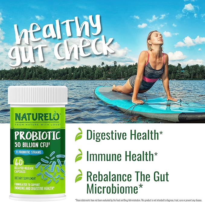 NATURELO Probiotics for Digestive Health - 50 Billion CFU, 11 Strains Daily Supplement - Boosts Immune System, Delayed Release, 60 Vegetarian Capsules
