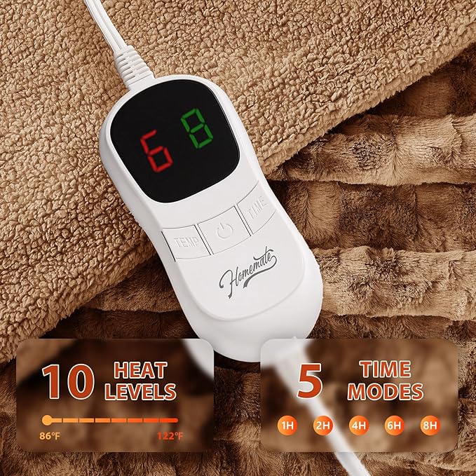 Homemate Electric Heated Blanket Twin Size - 62"x84" Heating Blanket Twin Size 1/2/4/6/8 Hours Auto-Off 10 Heat Level Over-Heat Protection Luxury Faux Fur Sherpa ETL Certification