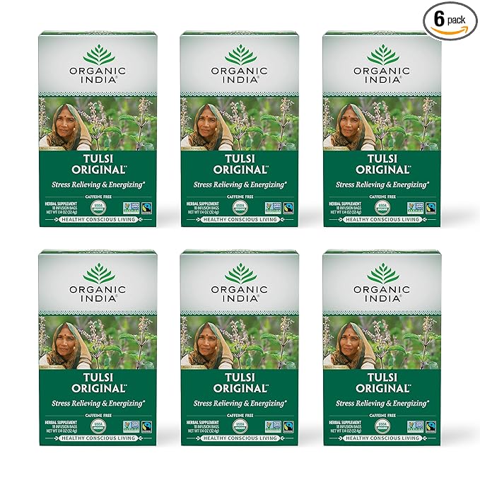 ORGANIC INDIA Tulsi Original Herbal Tea - Holy Basil and African Basil Calming and Stress Relief Tea, Immune Support, USDA Certified Organic, Non-GMO, Caffeine-Free - 18 Infusion Bags, 6 Pack